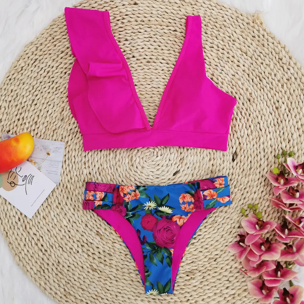 Asymmetrical Ruffled High Waist Bikini Swimsuit