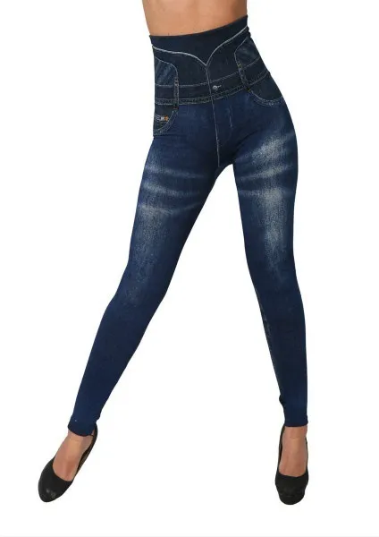Simple Basic Seamless Cotton Imitation Denim Leggings High Waist Sexy Leggings Blue - Shop at LoveMi
