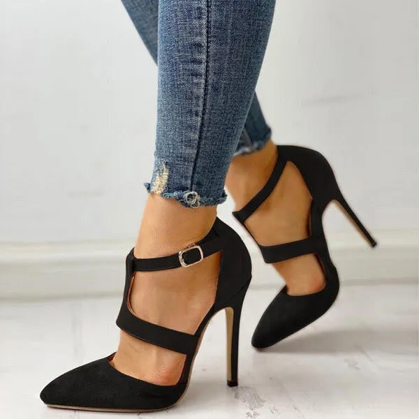 High Heel Pointed Toe Bag Heel Hollow Buckle Sandals Black - Shop at LoveMi