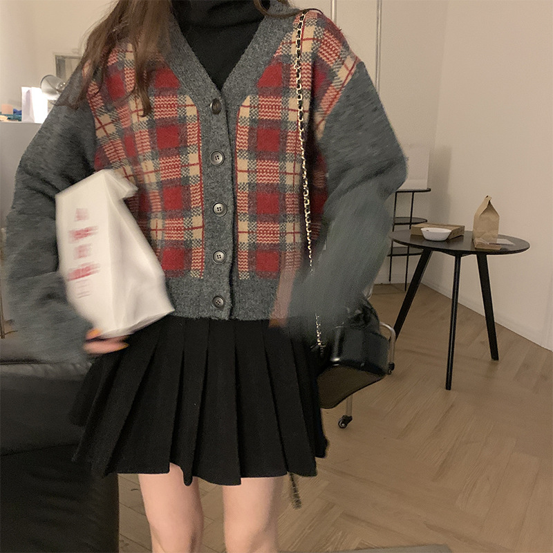 Title 5, Slim Button Contrasting Plaid Sweater Jacket