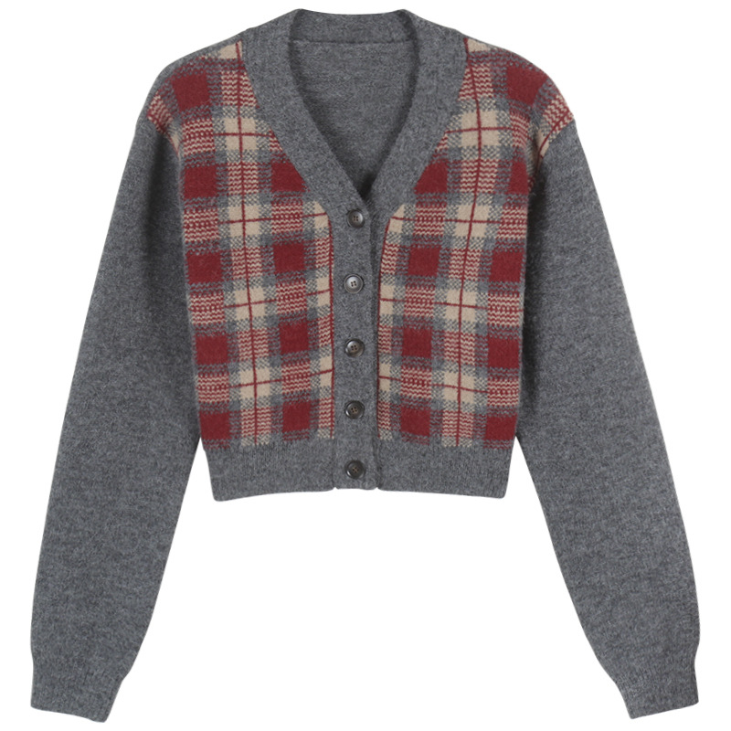 Slim Button Contrasting Plaid Sweater Jacket