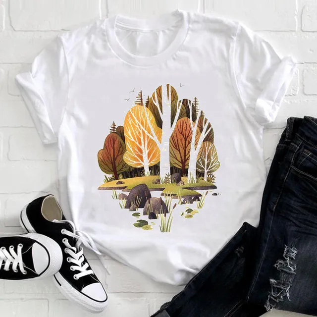 Women Feather Bird Short Sleeve Printing Spring Fashion E L - Shop at LoveMi