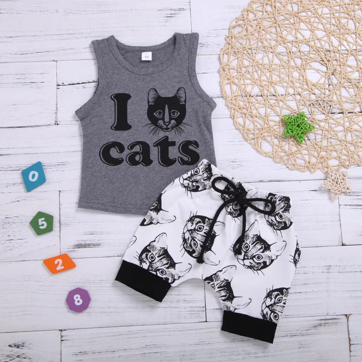Grey Printed Sleeveless Top And White Cat Printed Bottom Two-Piece Suit