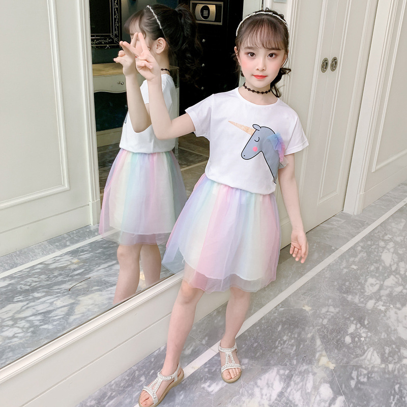 Girls' suit, Western Style, Female Short-sleeved Dress, Unicorn Fashionable Two-piece Suit