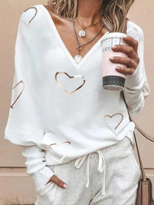 European and American Urban Casual V-neck Pullover European And American Bronzing Print Top