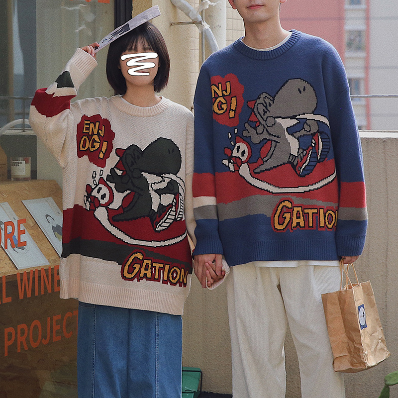 Retro Harajuku Style Dinosaur Print Sweater