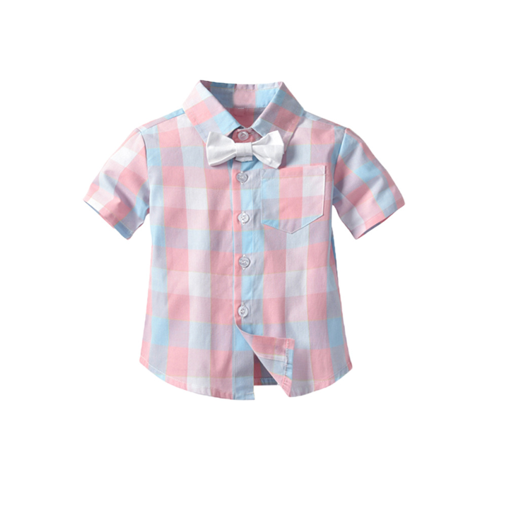 Boy Gentleman Short-Sleeved Plaid Shirt Overalls