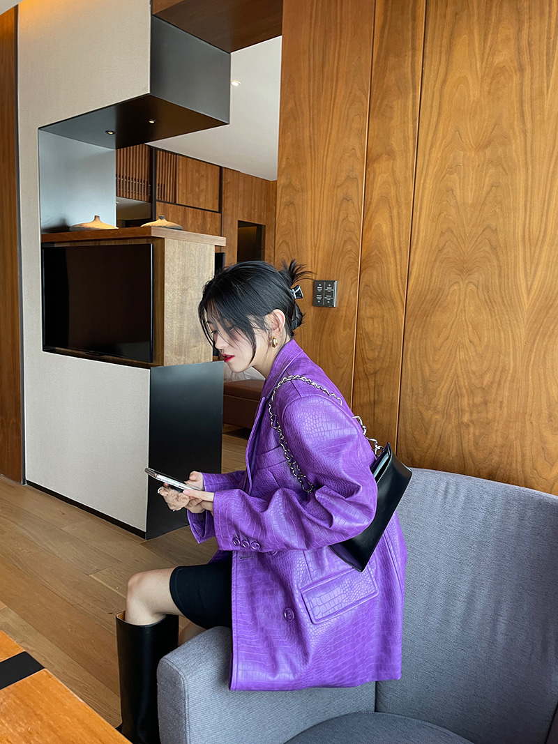 Loose Wide-shoulder Purple Pu Leather Pattern Blazer