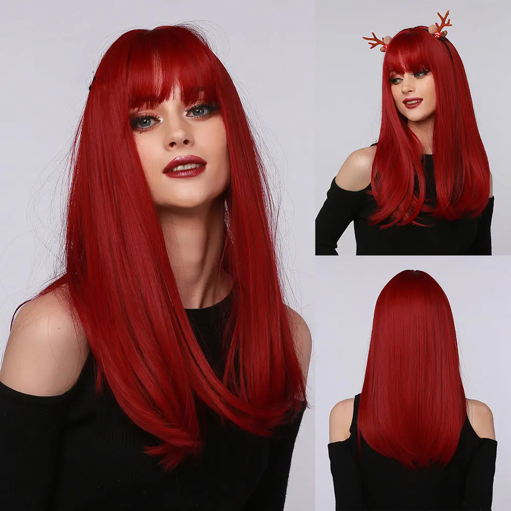 Red Brown Black Multicolor Qi Bangs Medium Length Straight