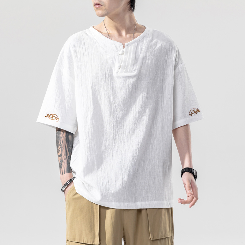 Men's Loose V-neck Summer Chinese Style Linen Short Sleeve T-shirt 