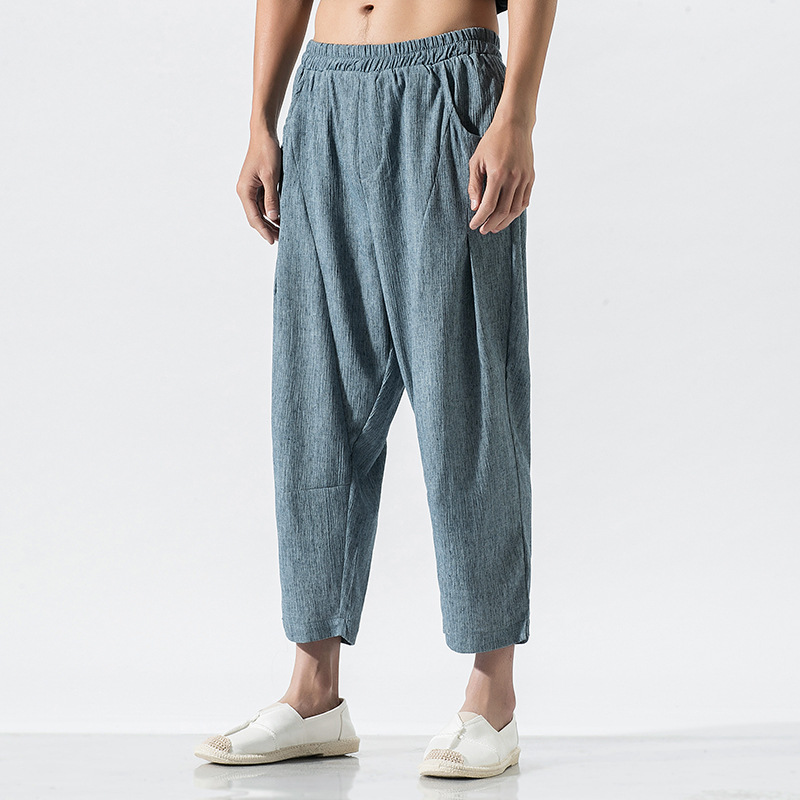 Summer Chinese style large size loose Harem Pants thin cotton hemp casual pants retro fat straight pants men's Capris