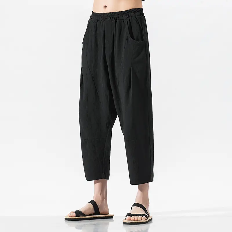 Summer Chinese style large size loose Harem Pants thin cotton hemp casual pants retro fat straight pants men's Capris