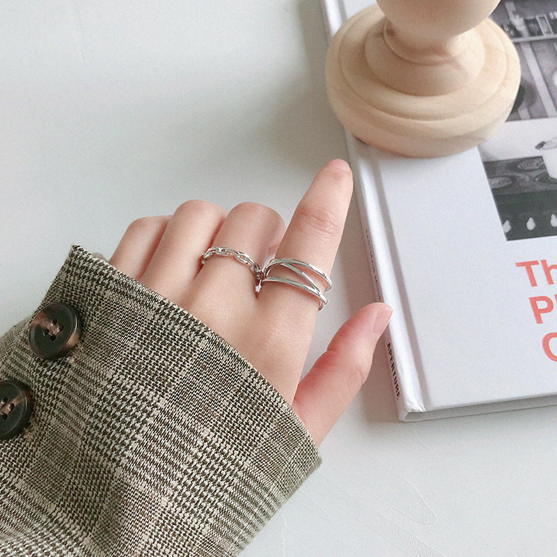 Korean Version Of S925 Sterling Silver Ring Simple Cross Double Open Line Ring