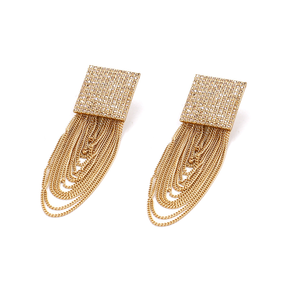 Geometric Metal Diamond Long Tassel Earrings
