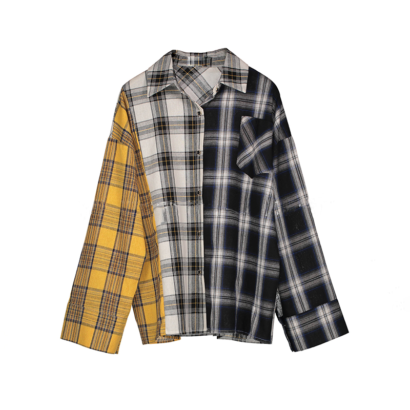 Retro Loose 3-color Stitching Plaid Shirt