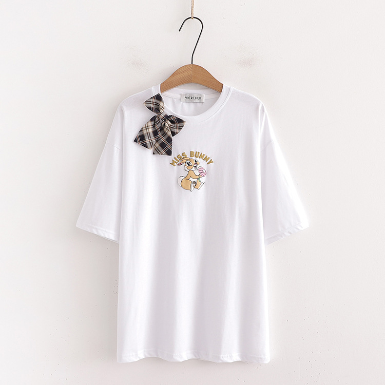 Women's White T-shirt Short Sleeve Loose Bow Tie Round Neck