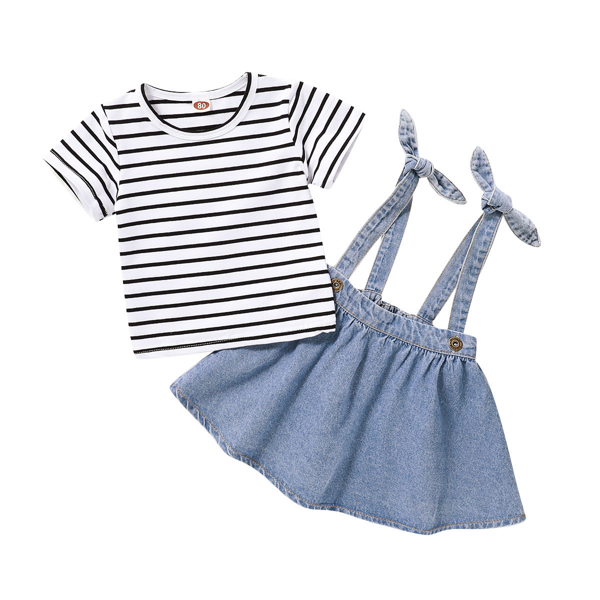 Girls' Striped Short-sleeved Blouse And Suspender Skirt Suit
