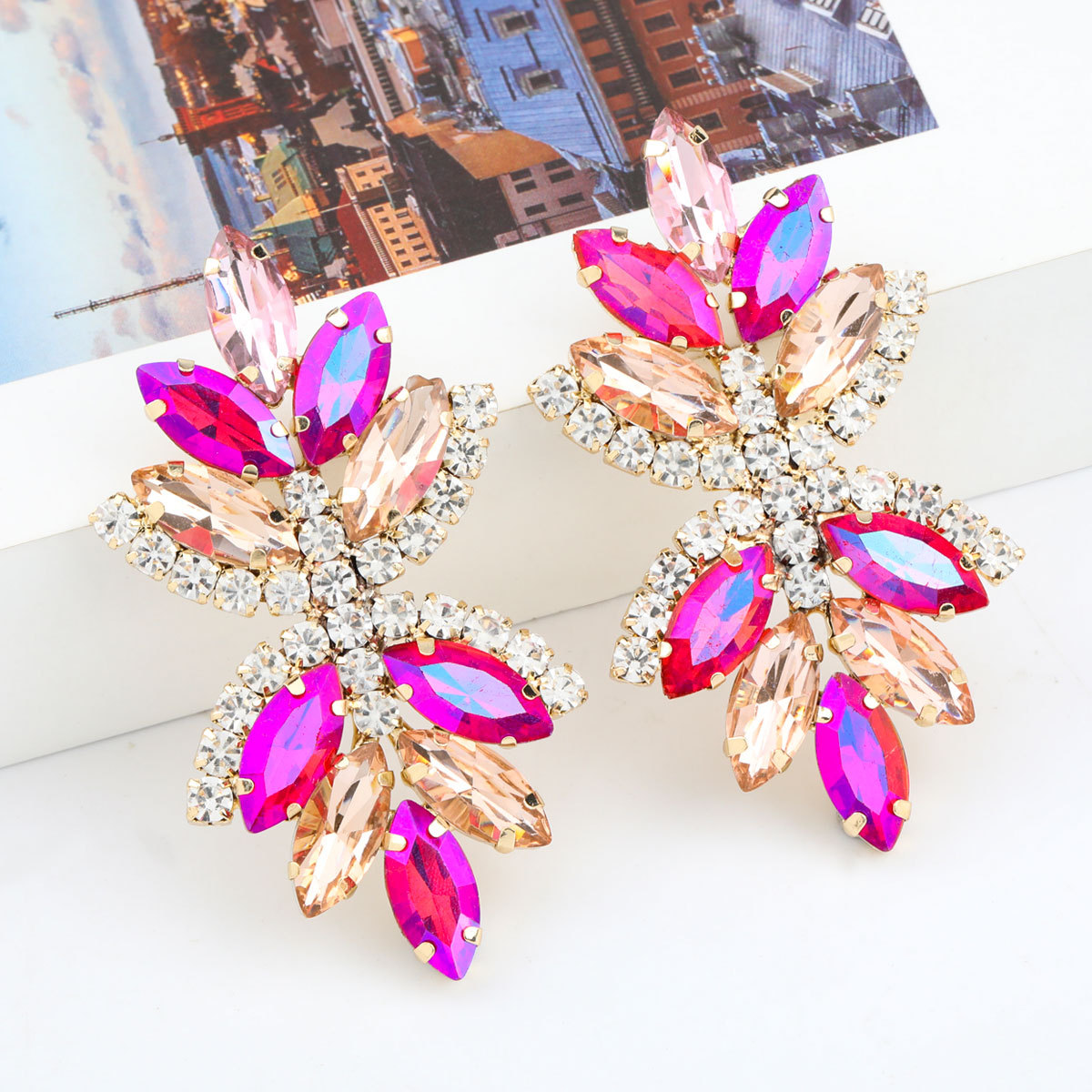 Multi-layer Alloy Diamond And Rhinestone Flower Earrings