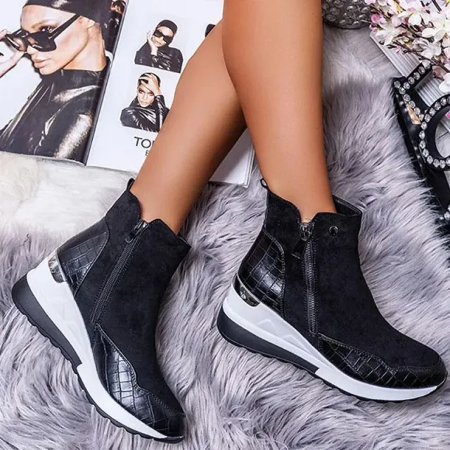 Slope heel Snow Boots Thick soled Plus Fleece Cotton Shoes Black - Shop at LoveMi