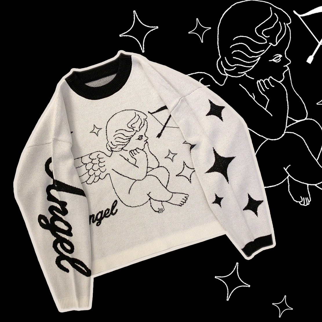 Title 1, Wings Super Loose White Pink Sweater