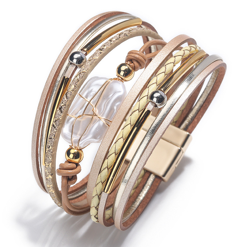 Fashion Beaded Pu Leather Hand-woven Bracelet