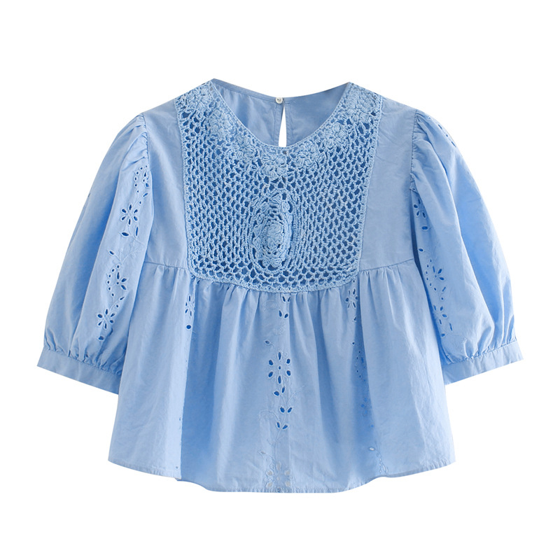 Interlocking Embroidery Embroidered Round Neck Short Top With Bubble Short Sleeves