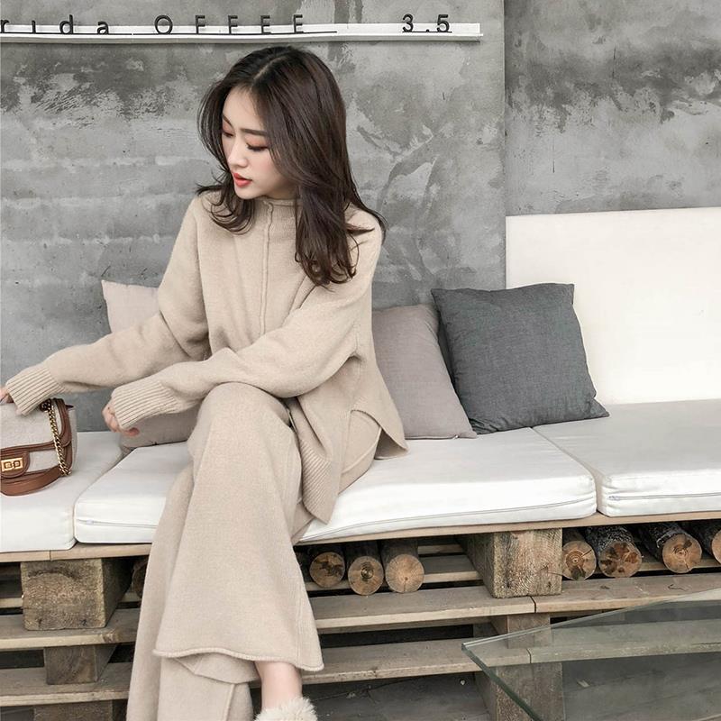 New Style Loose Sweater Two-Piece Temperament High Waist Knitted Wide Leg Pants Women Suit