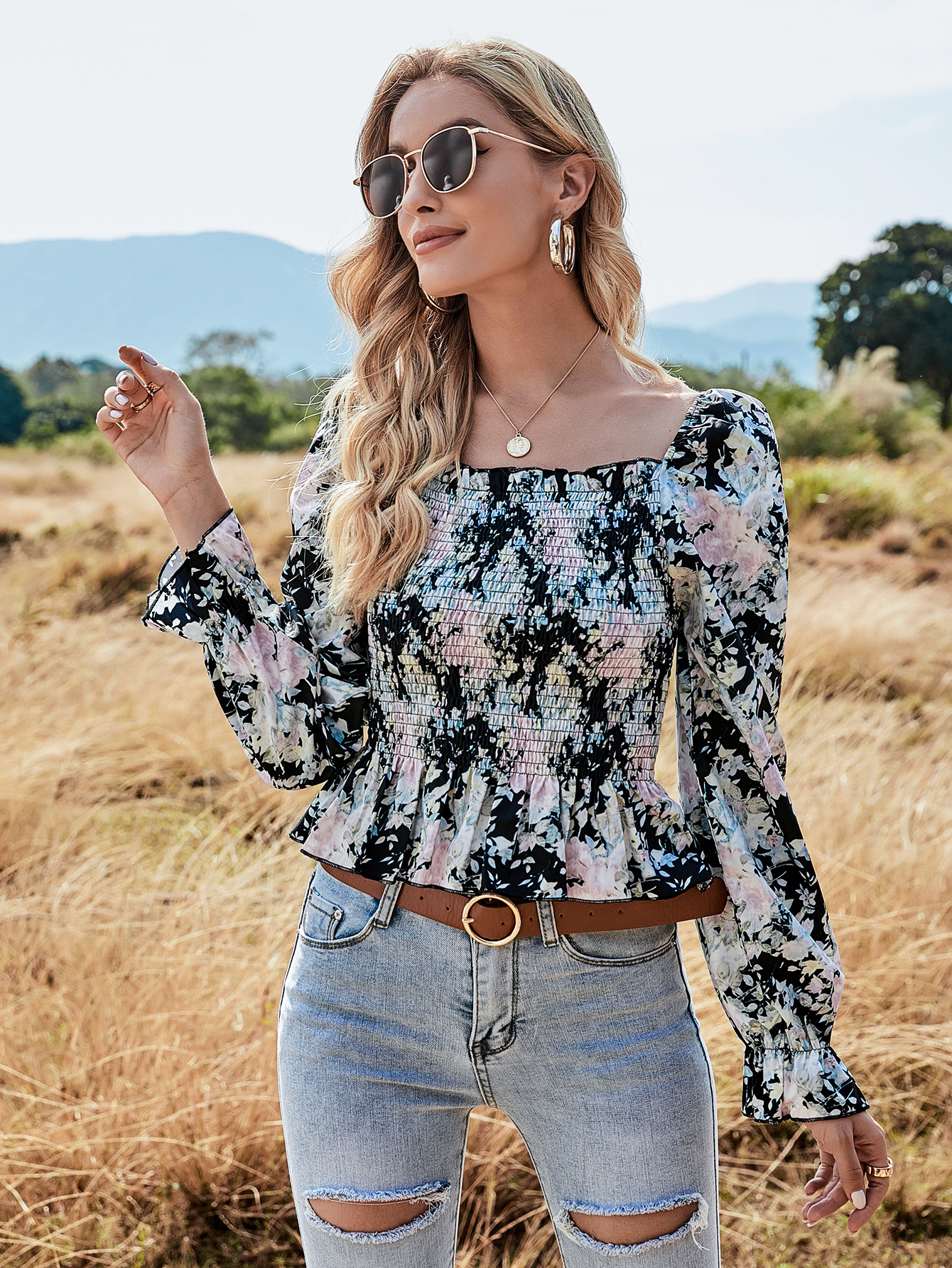 Chiffon Digital Printed Elastic Waist Floral Tight-Fitting Slimming Blouse Women
