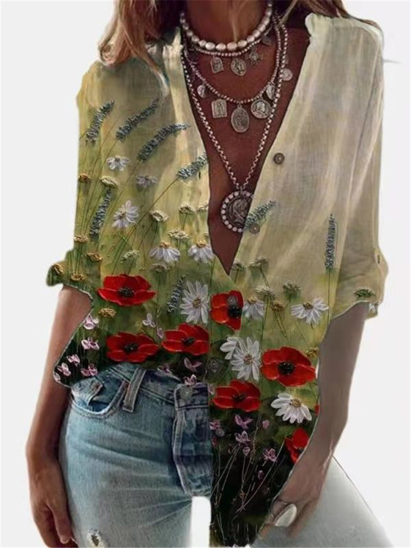 European and American Women's Long Blouse Digital Printing Fashion Long-sleeved Shirt