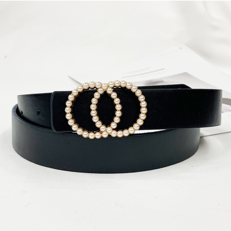 Title 6, Ladies PU Inlaid Pearl Hanging Buckle Belt