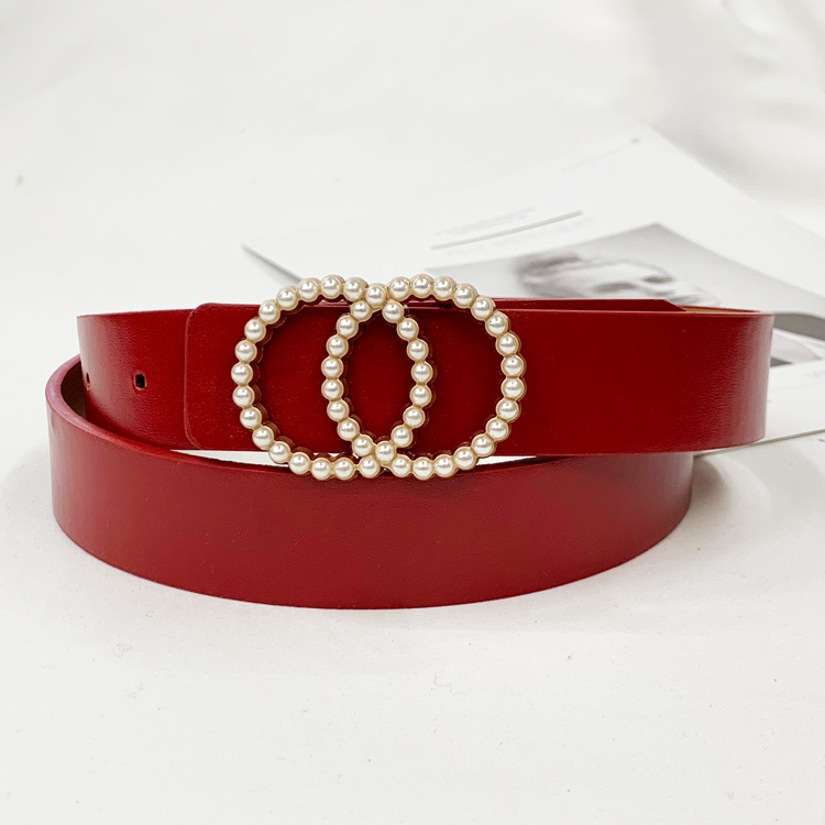 Ladies PU Inlaid Pearl Hanging Buckle Belt
