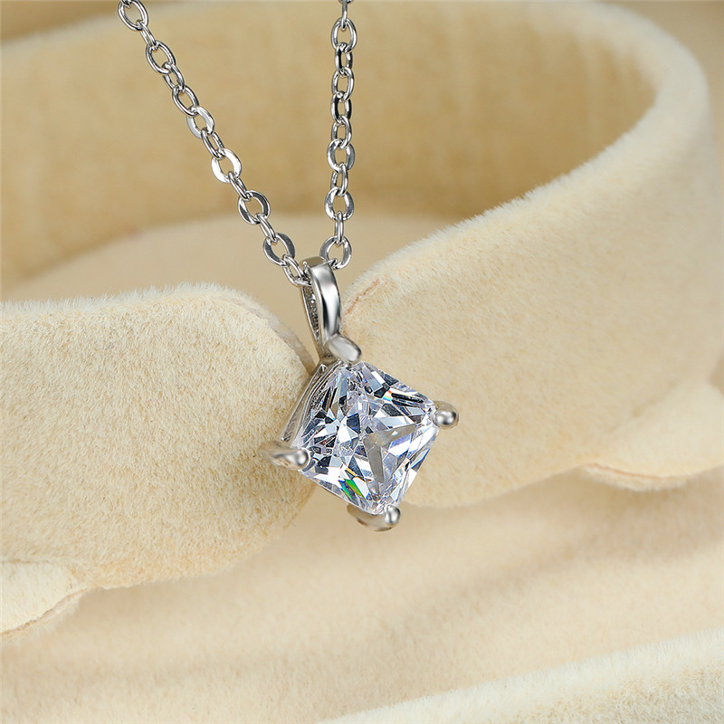 Simple Square Zircon Female Silver Pendant