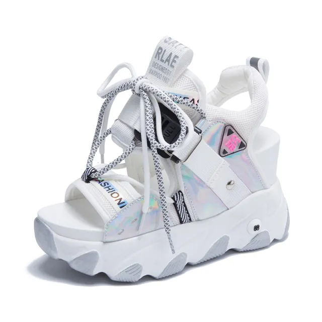 Women Chunky Platform Sandals Designers New Brand Summer Beach Casual Shoes Woman Lace Up Wedges 9CM Fashion Sandal Ladies Silver - Shop at LoveMi