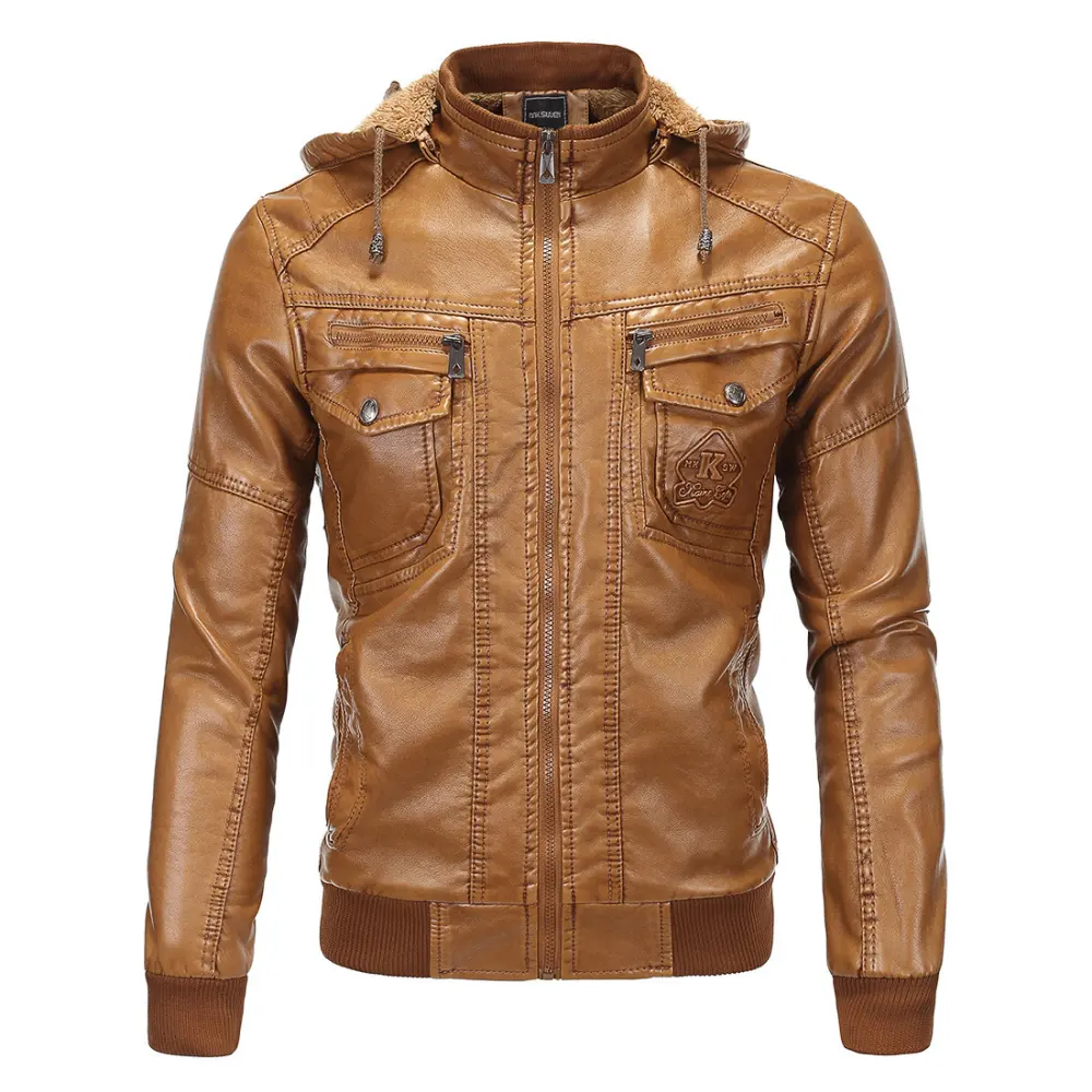 Fleece Warm Leather Jacket with Hooded