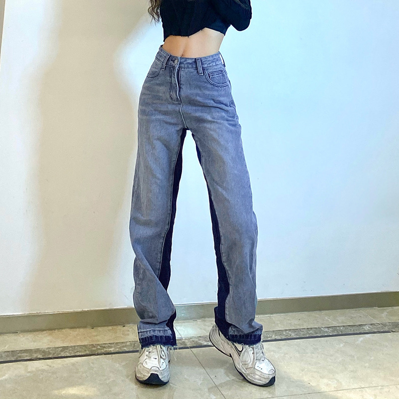 Printed Contrast Stitching High-Rise Straight-Leg Jeans