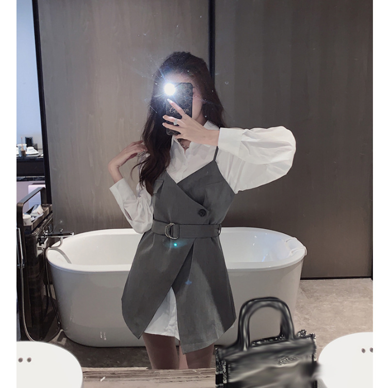 Korean Version Of The Autumn Suit Female Western Style New Fashion Nge-reducing Shirt Suspender Skirt Two-piece suit
