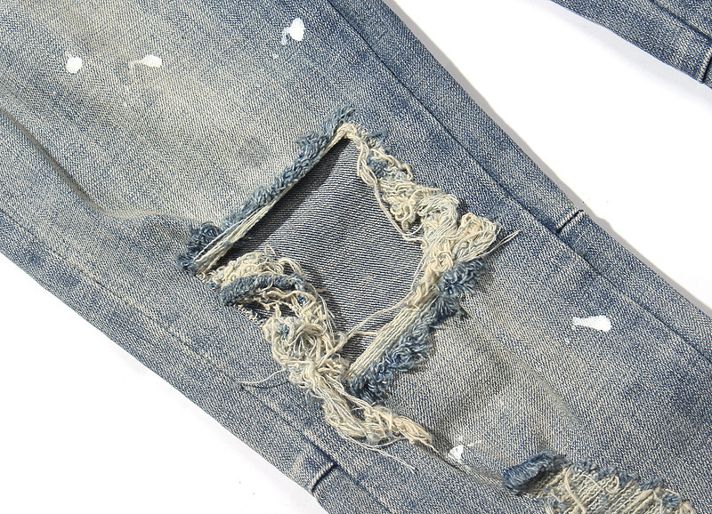Checkered Checkerboard, Ripped Holes, Slim-Fit Micro-Elastic Jeans