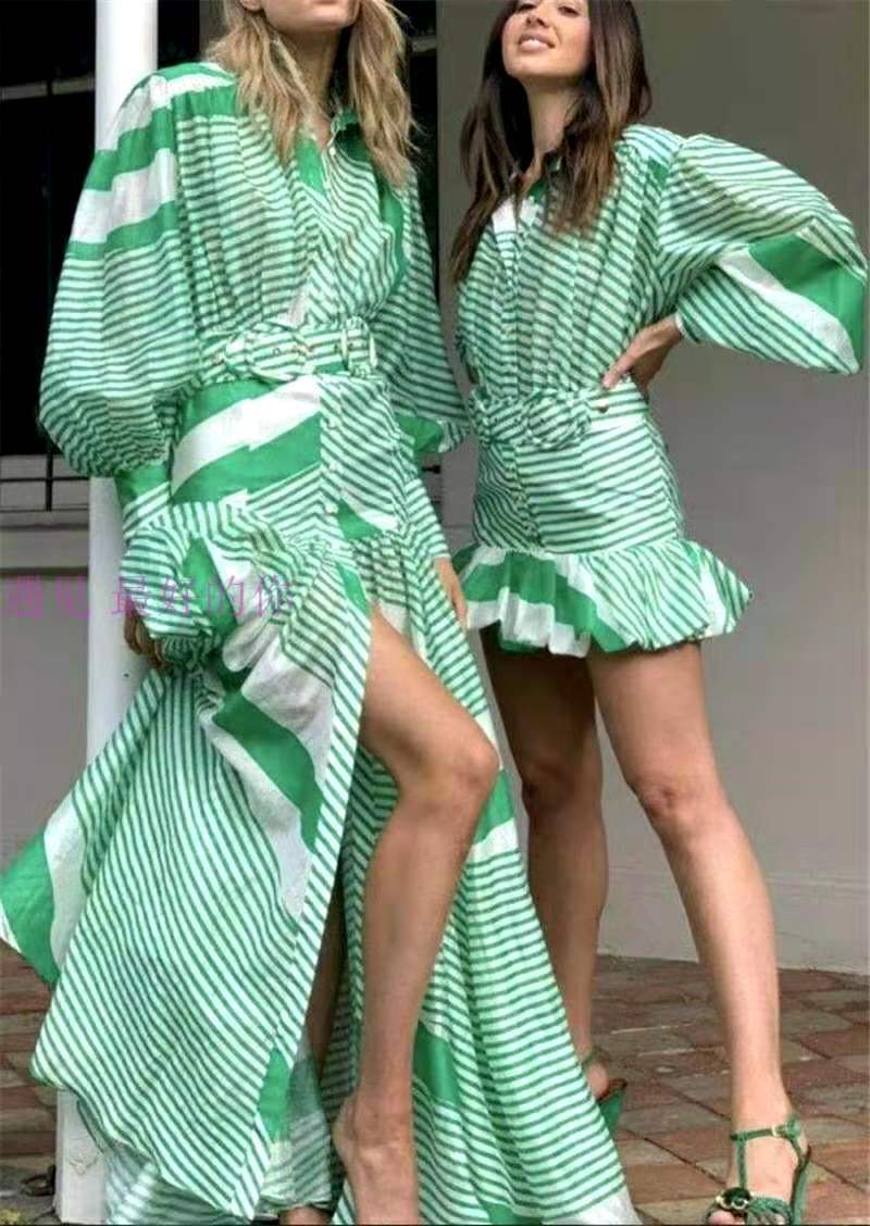 Striped Lantern-Sleeve Short Dress