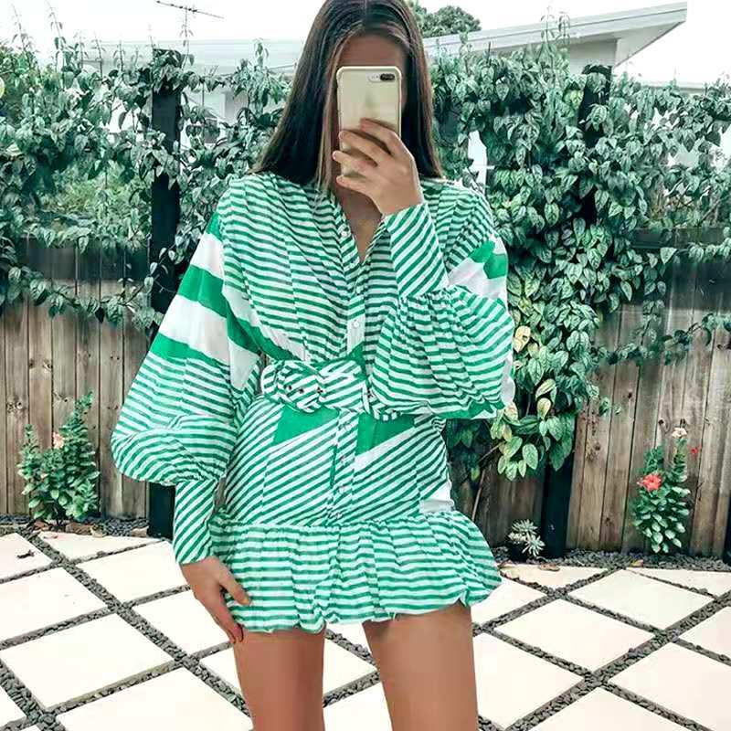 Striped Lantern-Sleeve Short Dress, picture 4 of 5