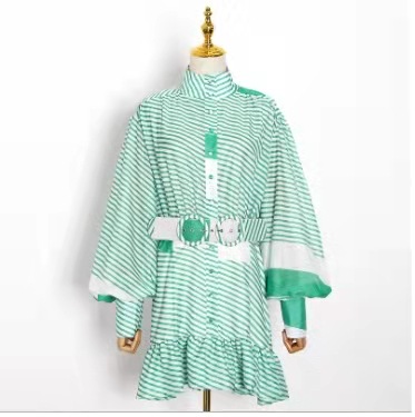 Striped Lantern-Sleeve Short Dress, picture 2 of 5