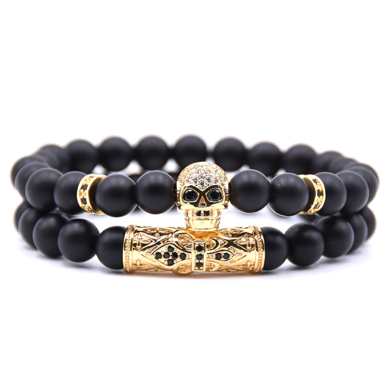 Natural Stone Micro Inlaid Skull Head Copper Jewelry Bracelet