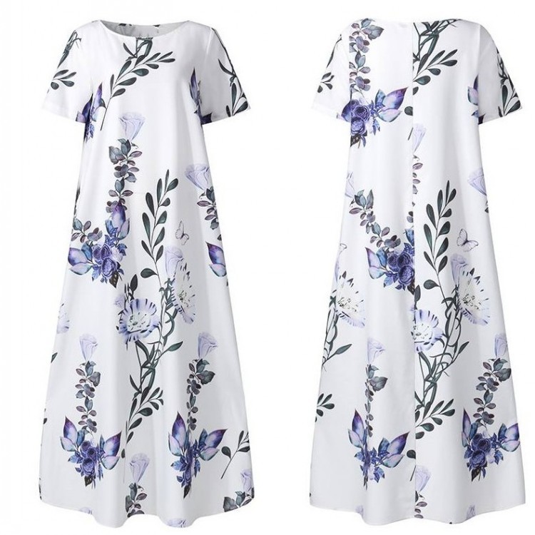 Round Neck Short Sleeve Printed A-line Pocket Dress