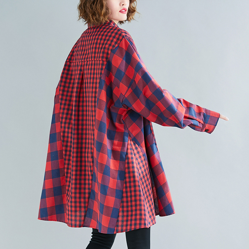 Stitching Mid-Length Plaid Shirt Women's Top