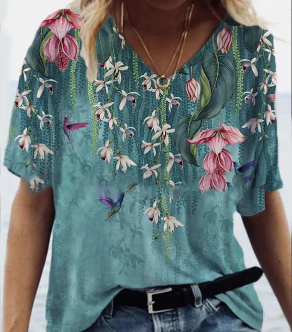 Fashion Trend All Match Digital Abstract Printing Loose V Neck Short Sleeved T Shirt - Shop at LoveMi