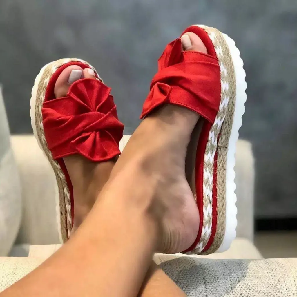 Women Bow Slippers Platform Sandals Shoes Summer - Red