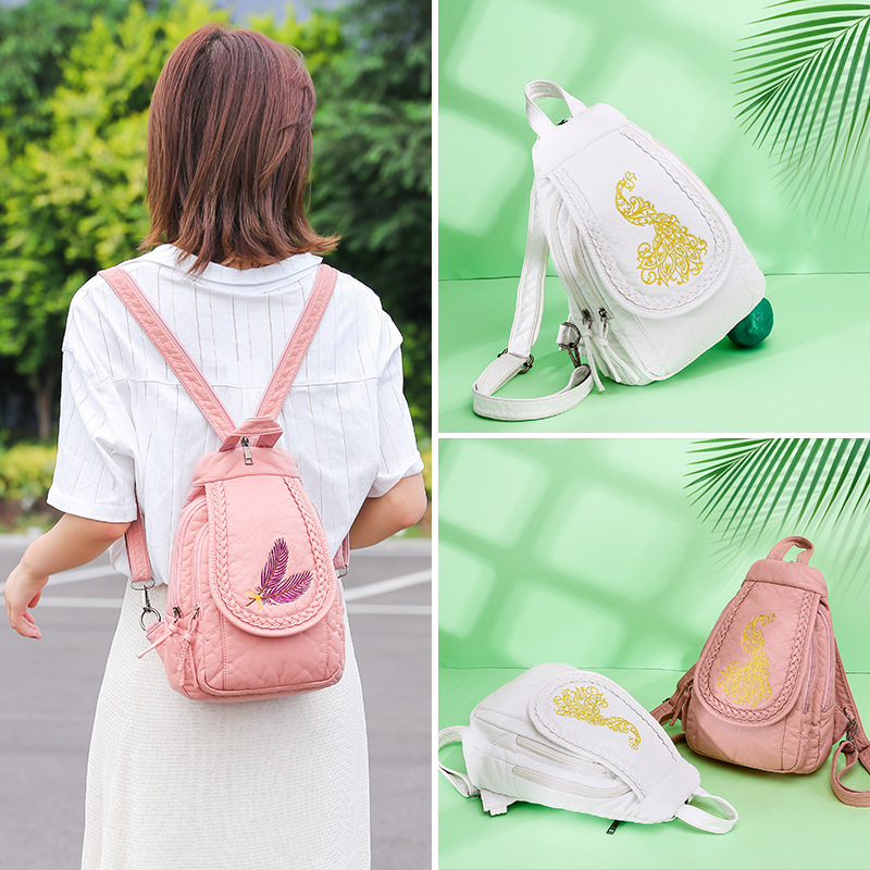 Title 1, Ladies Washed Embroidered Floral Leather Backpack