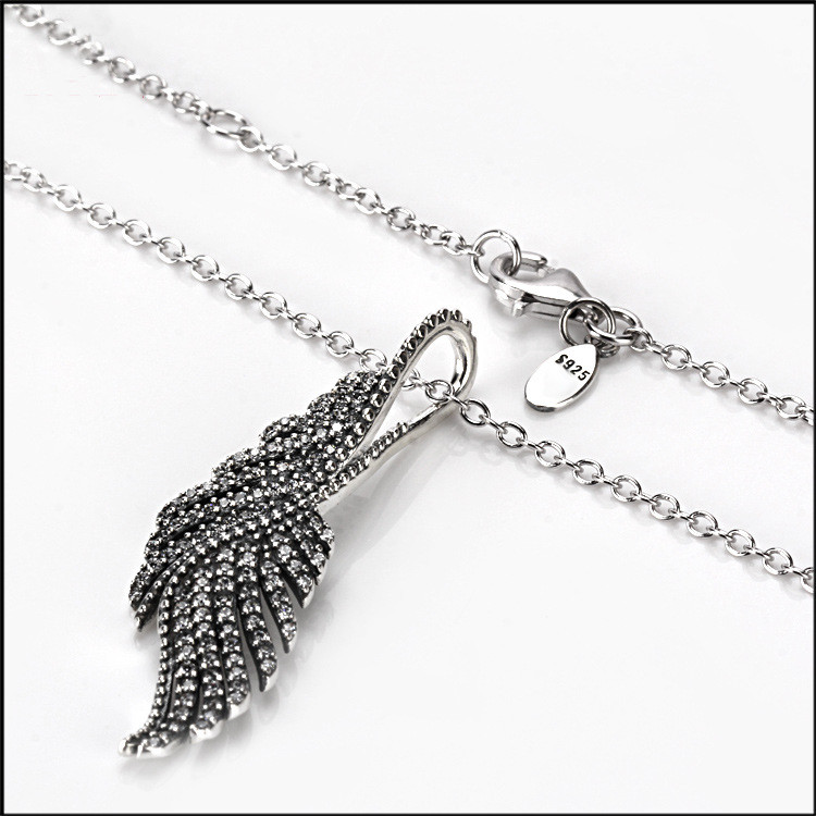 Long S925 Sterling Silver Magnificent Phoenix Feather Wing Pendant Necklace