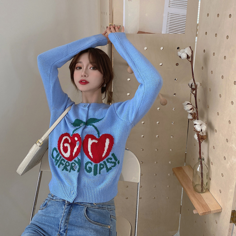 Cherry Knit Short Slim Cardigan Sweater Top