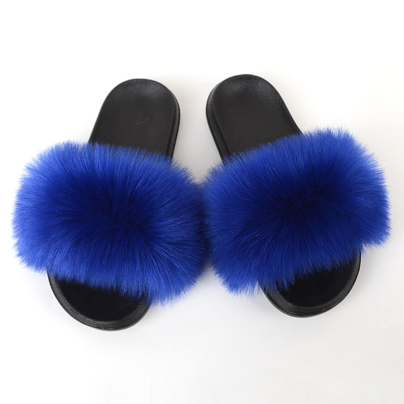 Faux Fox Fur Slippers Women Non Slip Plush Slippers Blue - Shop at LoveMi