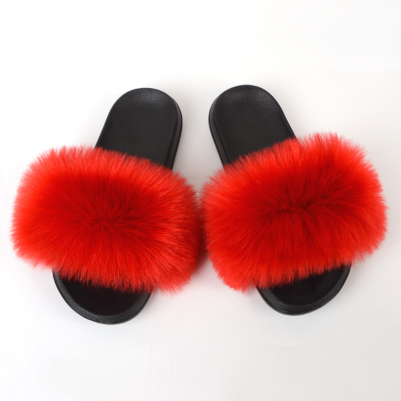 Faux Fox Fur Slippers Women Non Slip Plush Slippers Red - Shop at LoveMi